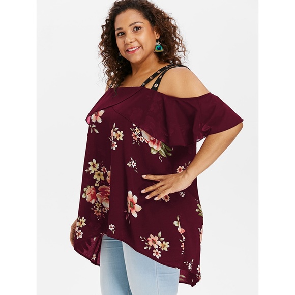 Plus Size Ruffle Floral High Low Blouse - Red Wine - Picture 4 of 8